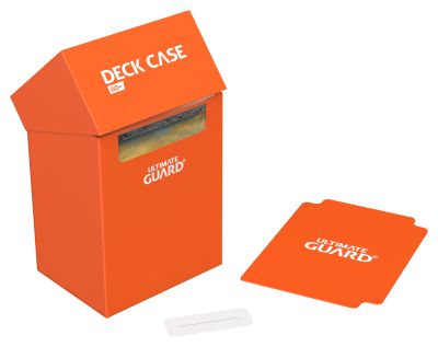 Ultimate Guard 80+ Deck Case - Orange - Bright orange rectangular deck box with a hinged lid and white Ultimate Guard logo, accompanied by matching orange dividers.