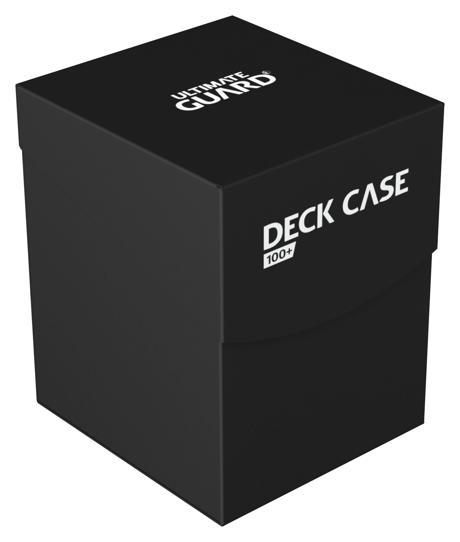 Ultimate Guard 100+ Deck Case - Standard Black - Black rectangular card deck case with white "Ultimate Guard" and "Deck Case 100+" logos on lid and front sides.