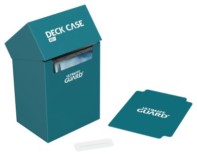 Ultimate Guard 80+ Deck Case - Petrol - Petrol blue rectangular deck case with flip-top lid, Ultimate Guard logo, and matching card divider.