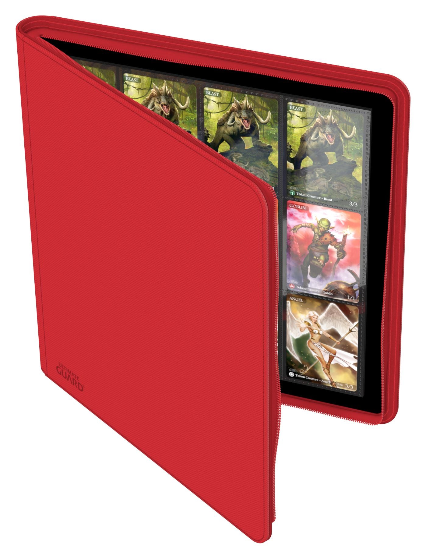 Ultimate Guard 24-Pocket Zipfolio XenoSkin - Red - Red zippered portfolio with durable synthetic cover and 24 clear plastic card sleeves inside.