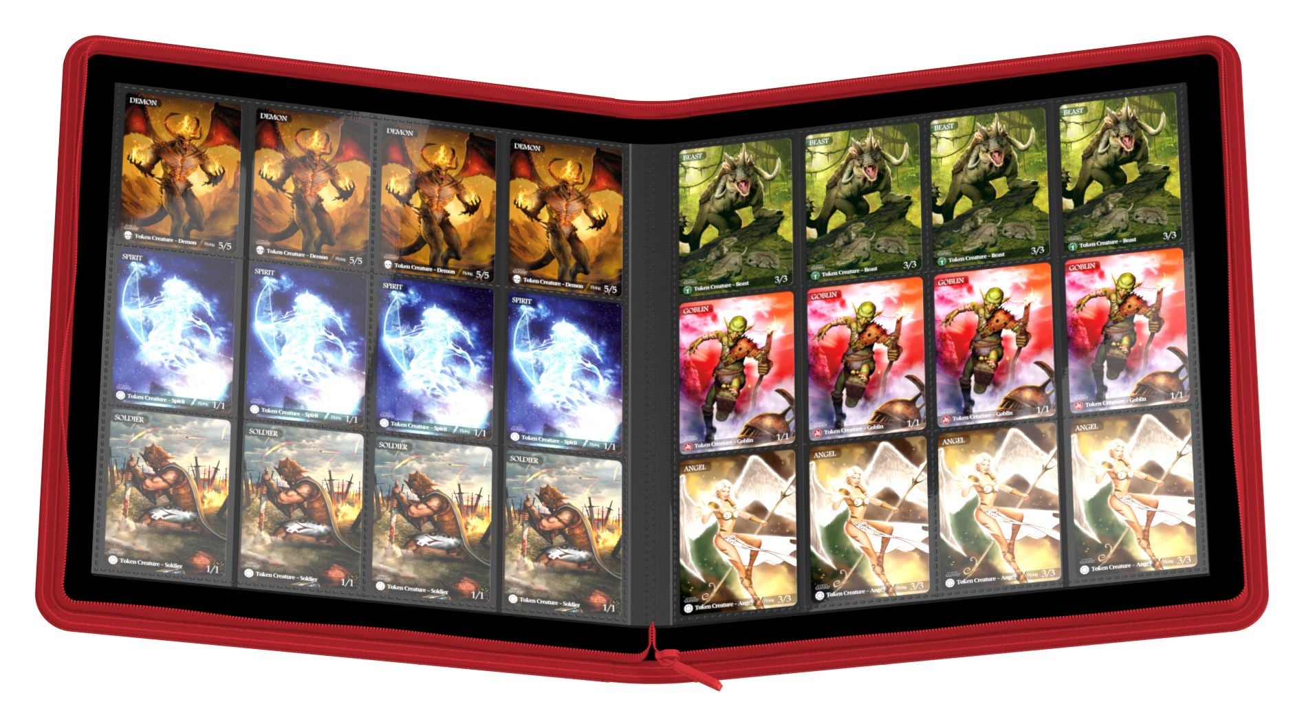 Ultimate Guard 24-Pocket Zipfolio XenoSkin - Red - Red zippered card binder with translucent sleeves holding collectible cards in a 24-pocket layout.
