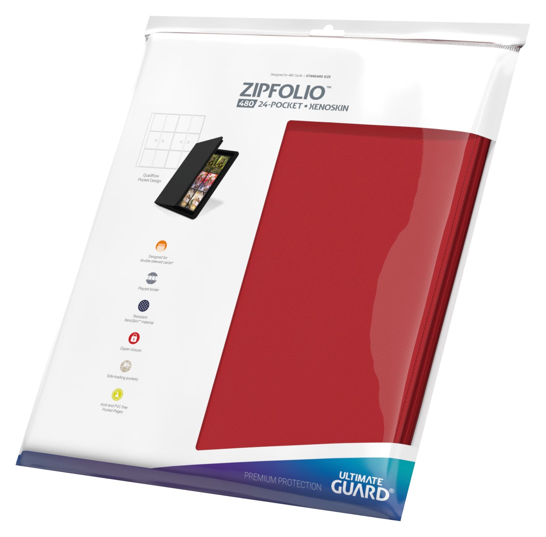 Ultimate Guard 24-Pocket Zipfolio XenoSkin - Red - Red zippered card binder with textured XenoSkin cover and 24 transparent pockets.
