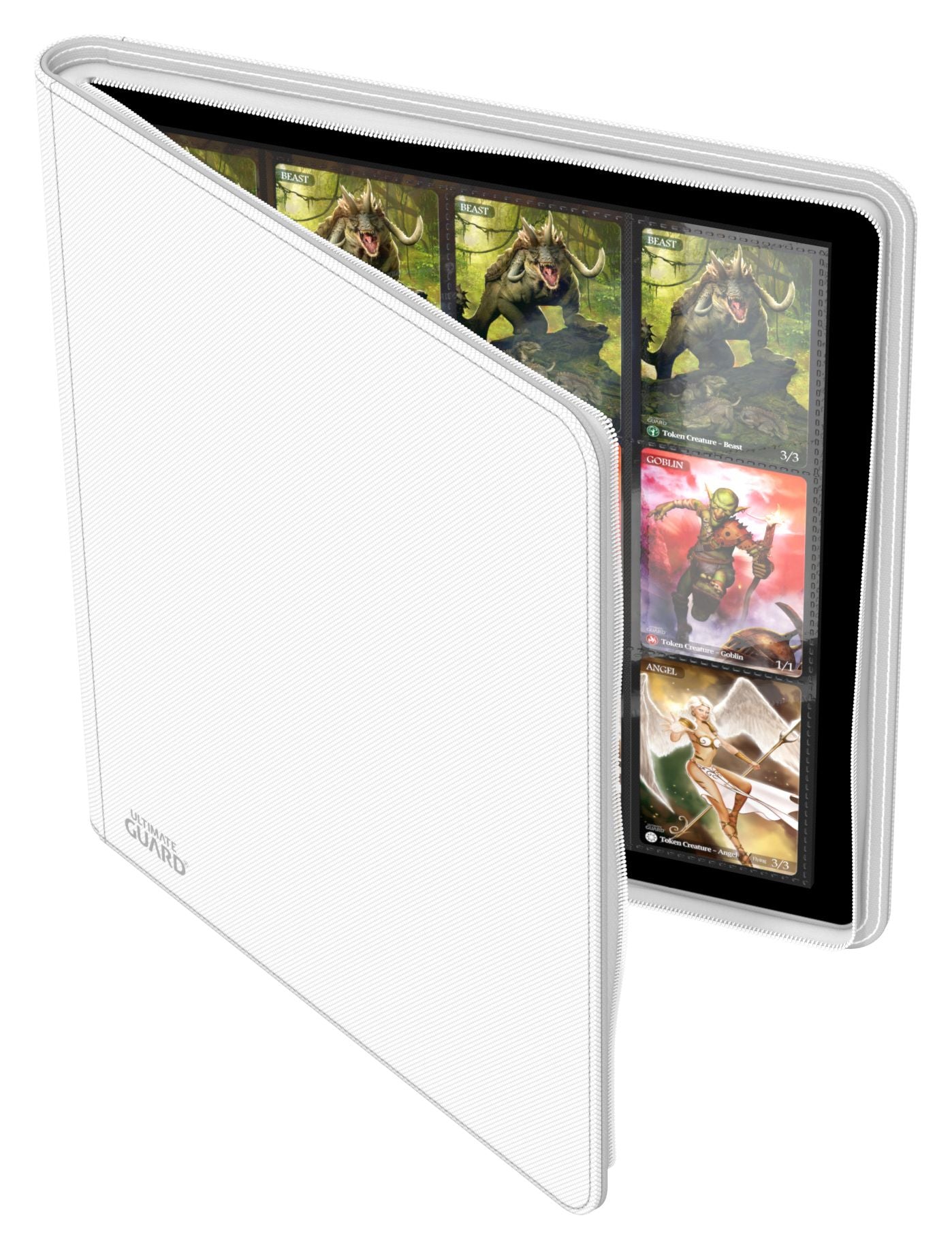 Ultimate Guard 24-Pocket Zipfolio XenoSkin - White - White Ultimate Guard 24-pocket Zipfolio XenoSkin card binder with visible trading cards inside pockets.