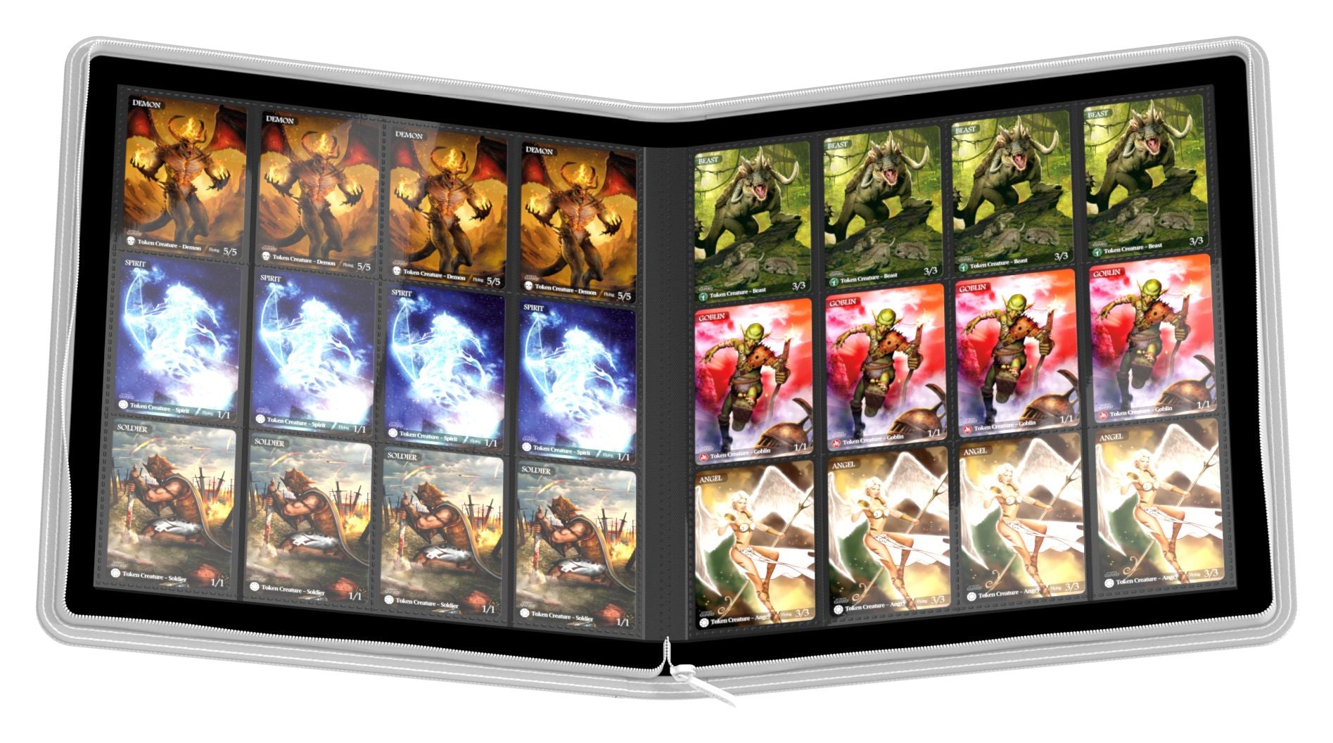 Ultimate Guard 24-Pocket Zipfolio XenoSkin - White - White zippered card binder open showing two clear 24-pocket pages filled with collectible cards.