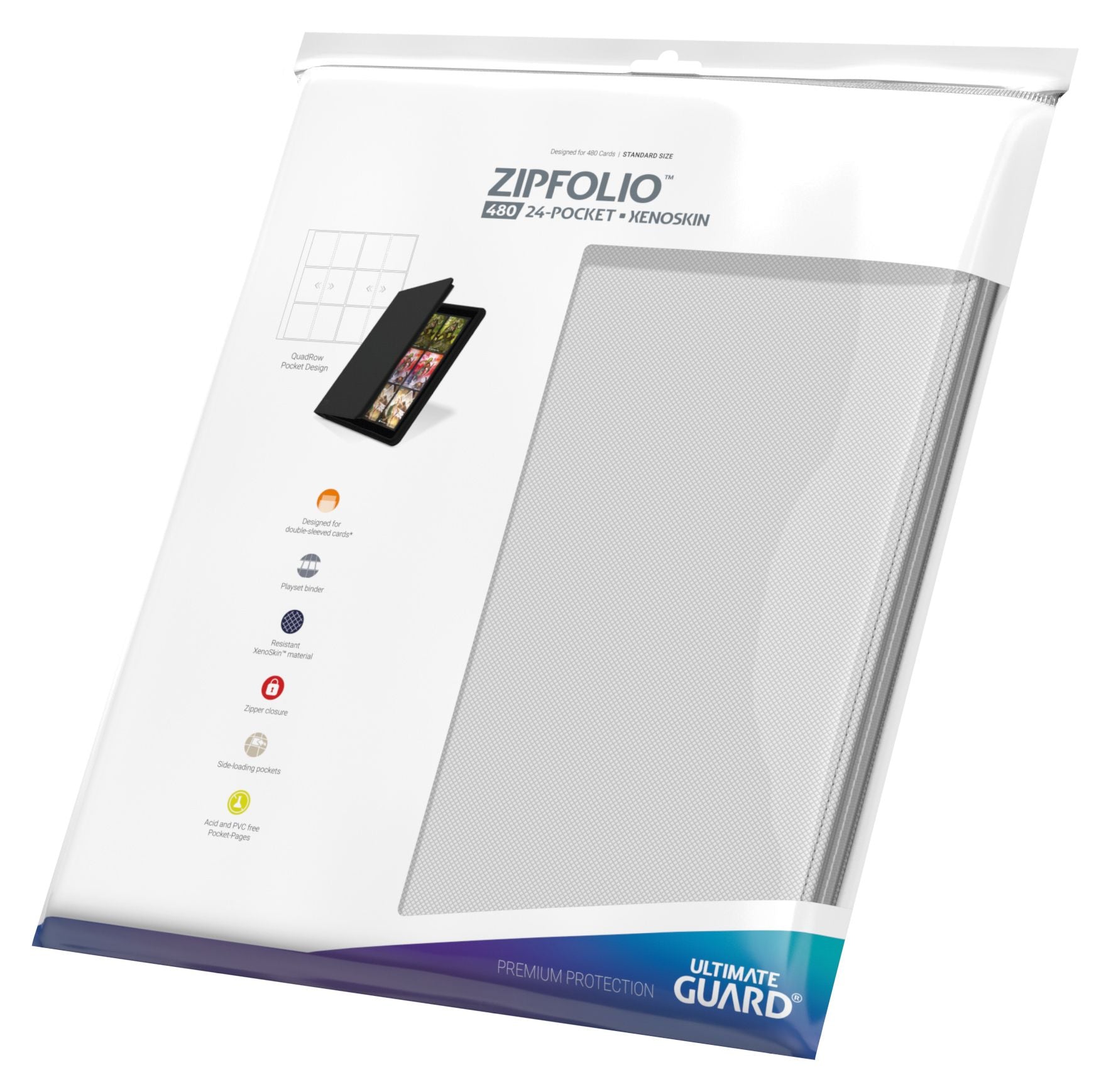 Ultimate Guard 24-Pocket Zipfolio XenoSkin - White - White zippered card organizer with transparent pockets and protective fold-over flap.