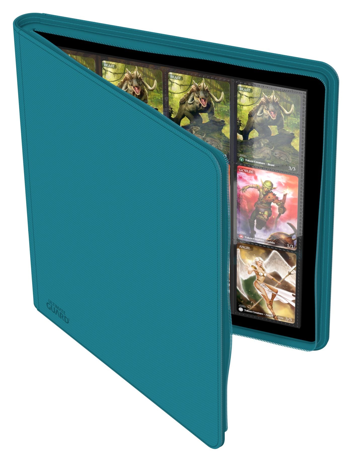 Ultimate Guard 24-Pocket Zipfolio XenoSkin - Petrol - Petrol blue zipfolio with textured XenoSkin cover, open to show 24 clear card pockets holding game cards.