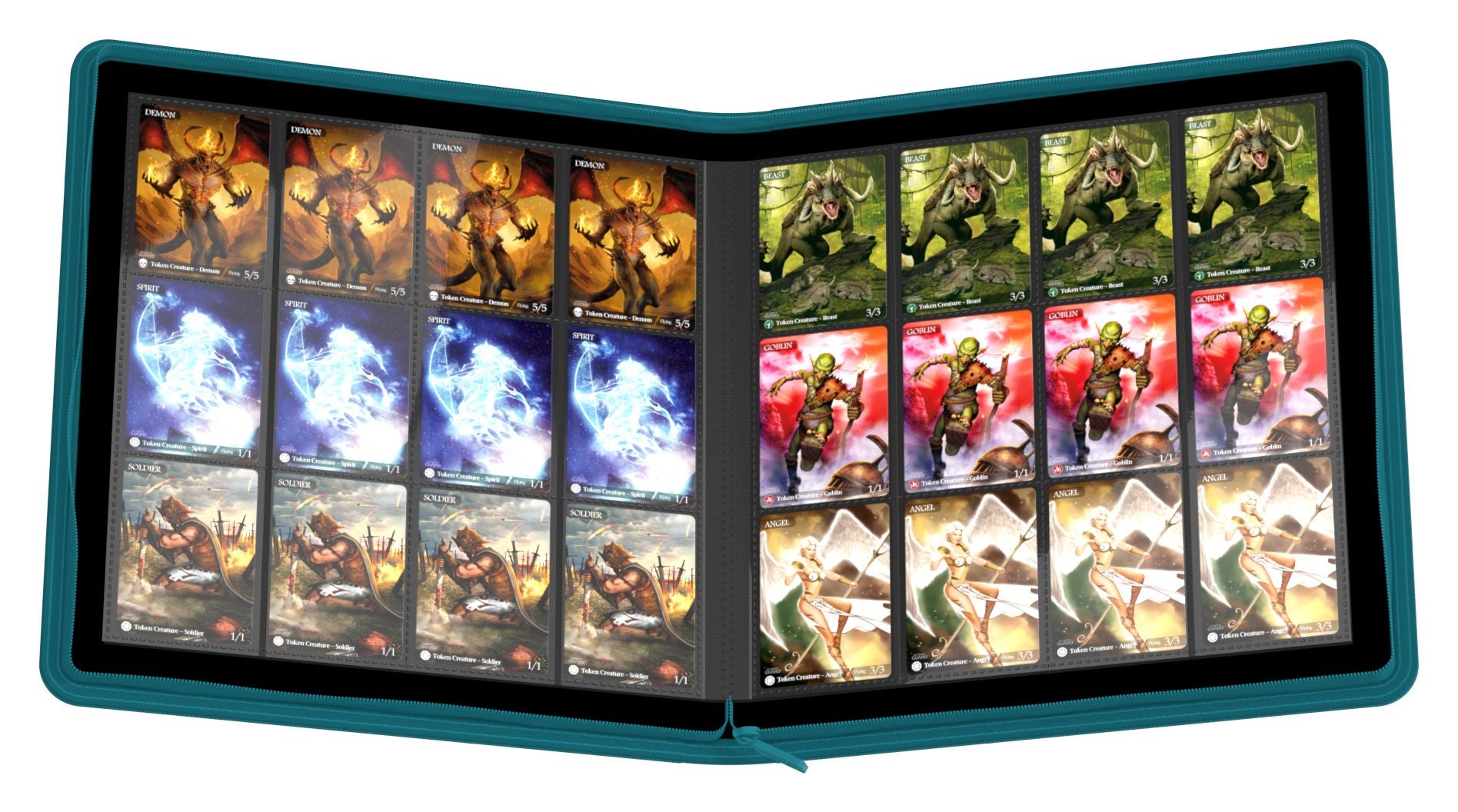 Ultimate Guard 24-Pocket Zipfolio XenoSkin - Petrol - Petrol blue zippered card binder open displaying collectible cards in 24 clear plastic pockets with textured exterior edges.