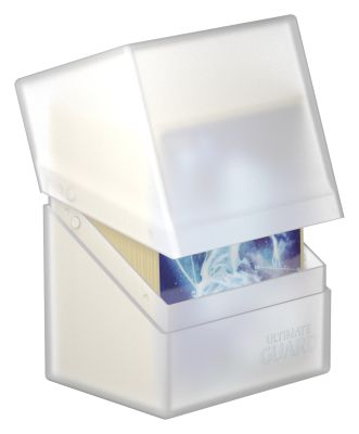 Ultimate Guard Boulder 80+ Deck Case - Frosted - Frosted translucent plastic deck case with hinged lid slightly open, showing colorful card edges inside.