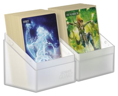Ultimate Guard Boulder 80+ Deck Case - Frosted - Frosted translucent plastic deck boxes with angled front openings, holding colorful fantasy card decks.
