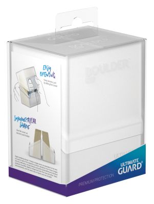 Ultimate Guard Boulder 80+ Deck Case - Frosted - Frosted translucent plastic deck box with rectangular shape and snap-lock lid, packaged in clear box with blue and purple.
