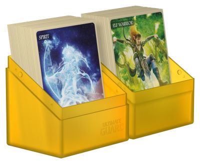 Ultimate Guard Boulder 80+ Deck Case - Amber - Amber translucent plastic deck case holding two stacks of trading cards with fantasy artwork.