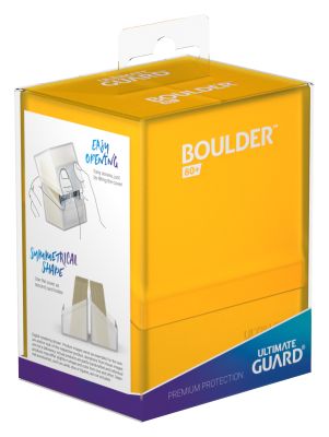 Ultimate Guard Boulder 80+ Deck Case - Amber - Amber rectangular deck case with hinged lid, sturdy plastic construction, packaged in branded box with blue and yellow.