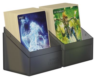 Ultimate Guard Boulder 80+ Deck Case - Onyx - Black rectangular Ultimate Guard Boulder 80+ deck case with two compartments holding collectible card decks.