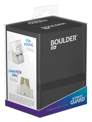 Ultimate Guard Boulder 80+ Deck Case - Onyx - Black rectangular deck case with white “Boulder 80+” text, translucent top flap, and blue Ultimate Guard branding.