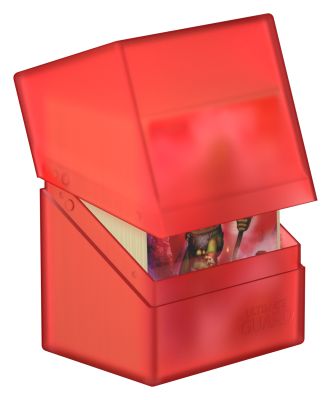 Ultimate Guard Boulder 80+ Deck Case - Ruby - Translucent ruby red plastic deck case with hinged lid partially open, storing cards.