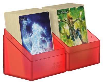 Ultimate Guard Boulder 80+ Deck Case - Ruby - Ruby red translucent plastic deck case with two compartments holding illustrated game cards.