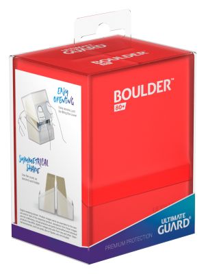Ultimate Guard Boulder 80+ Deck Case - Ruby - Ruby red rectangular plastic case with secure lid and Ultimate Guard branding, designed for deck storage.
