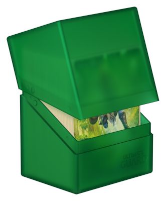 Ultimate Guard Boulder 80+ Deck Case - Emerald - Emerald green rectangular deck box with hinged lid, holding collectible cards inside.