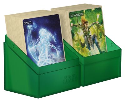 Ultimate Guard Boulder 80+ Deck Case - Emerald - Emerald green plastic deck box with two compartments holding fantasy card decks.