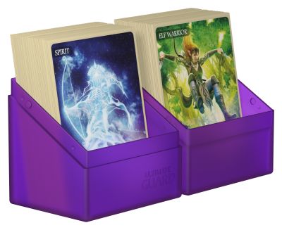 Ultimate Guard Boulder 80+ Deck Case - Amathyst - Purple translucent plastic deck case holding two stacks of fantasy-themed trading cards with colorful artwork.