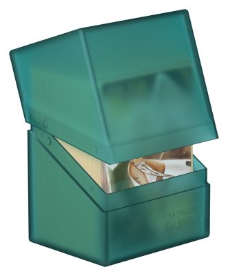 Ultimate Guard Boulder 80+ Deck Case - Malachite - Malachite green translucent plastic deck box with hinged lid partially open, showing card storage inside.