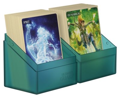 Ultimate Guard Boulder 80+ Deck Case - Malachite - Malachite green semi-transparent plastic deck case with angled front, holding two stacks of playing cards.