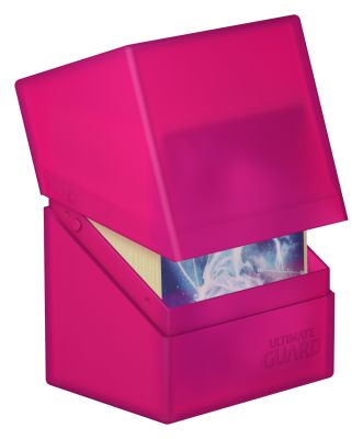 Ultimate Guard Boulder 80+ Deck Case - Rhodonite - Bright pink rectangular deck case with a hinged lid partially open, holding trading cards inside.
