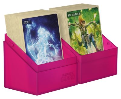 Ultimate Guard Boulder 80+ Deck Case - Rhodonite - Bright rhodonite pink plastic deck case with two compartments holding trading card decks.