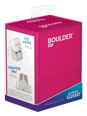 Ultimate Guard Boulder 80+ Deck Case - Rhodonite - Bright pink rectangular deck case with a smooth matte finish and Ultimate Guard logo on the side.