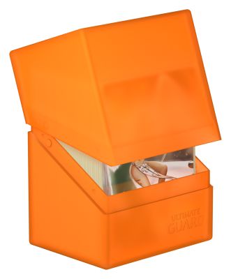 Ultimate Guard Boulder 80+ Deck Case - Poppy Topaz - Bright orange deck case with a poppy topaz hue and hinged lid partially open revealing card storage inside.