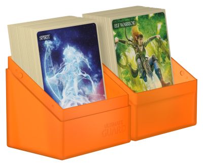 Ultimate Guard Boulder 80+ Deck Case - Poppy Topaz - Bright orange plastic deck case with two compartments holding trading cards upright.