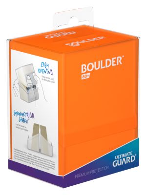 Ultimate Guard Boulder 80+ Deck Case - Poppy Topaz - Bright orange rectangular deck case with a translucent poppy topaz lid and compact design.