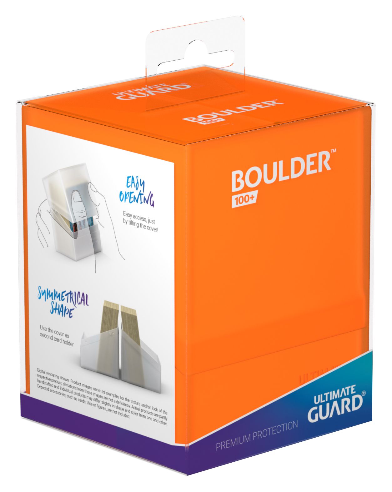 Ultimate Guard Boulder 100+ Deck Case - Poppy Topaz - Bright orange rectangular deck case with clear plastic window and white text accents.