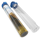 Ultimate Guard MatPod - Clear - Clear cylindrical mat storage tubes with blue and black caps, one containing a rolled-up gaming mat.