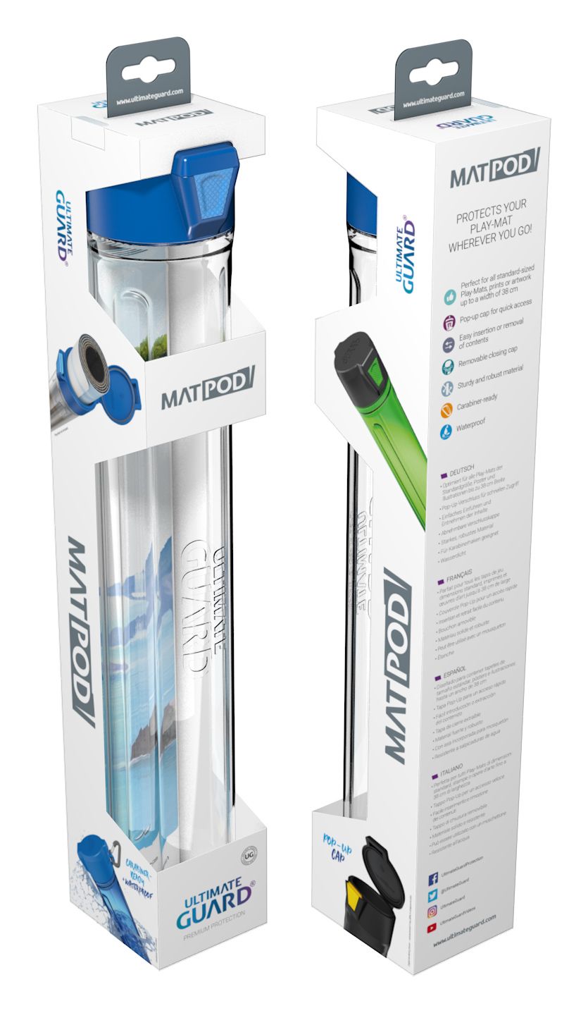 Ultimate Guard MatPod - Clear - Clear hard plastic card storage case with blue hinged lid for collectible game mats.