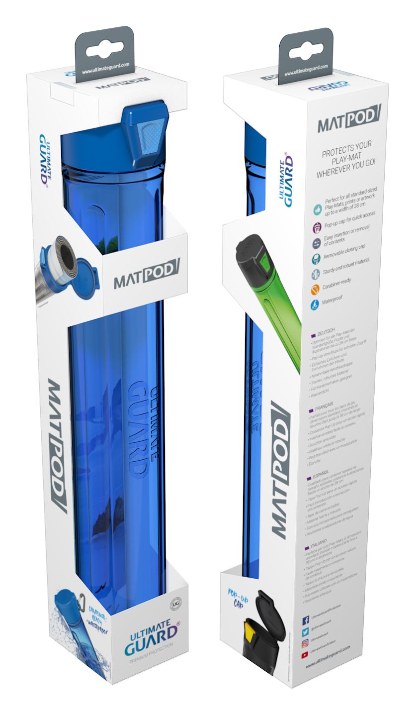 Ultimate Guard MatPod - Blue - Tall, translucent blue plastic mat storage container with a secure lid and textured grip sides.