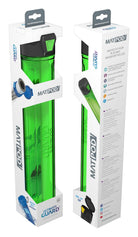 Ultimate Guard MatPod - Green - Green translucent plastic mat storage tube with black cap and carrying handle, displayed in white retail packaging with blue