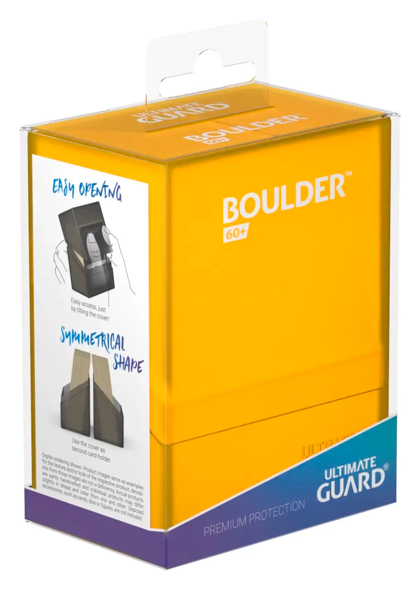 Ultimate Guard Boulder 60+ Deck Case - Amber - Amber translucent plastic card storage case with secure latch, designed to hold over 60 cards, packaged in clear plastic box
