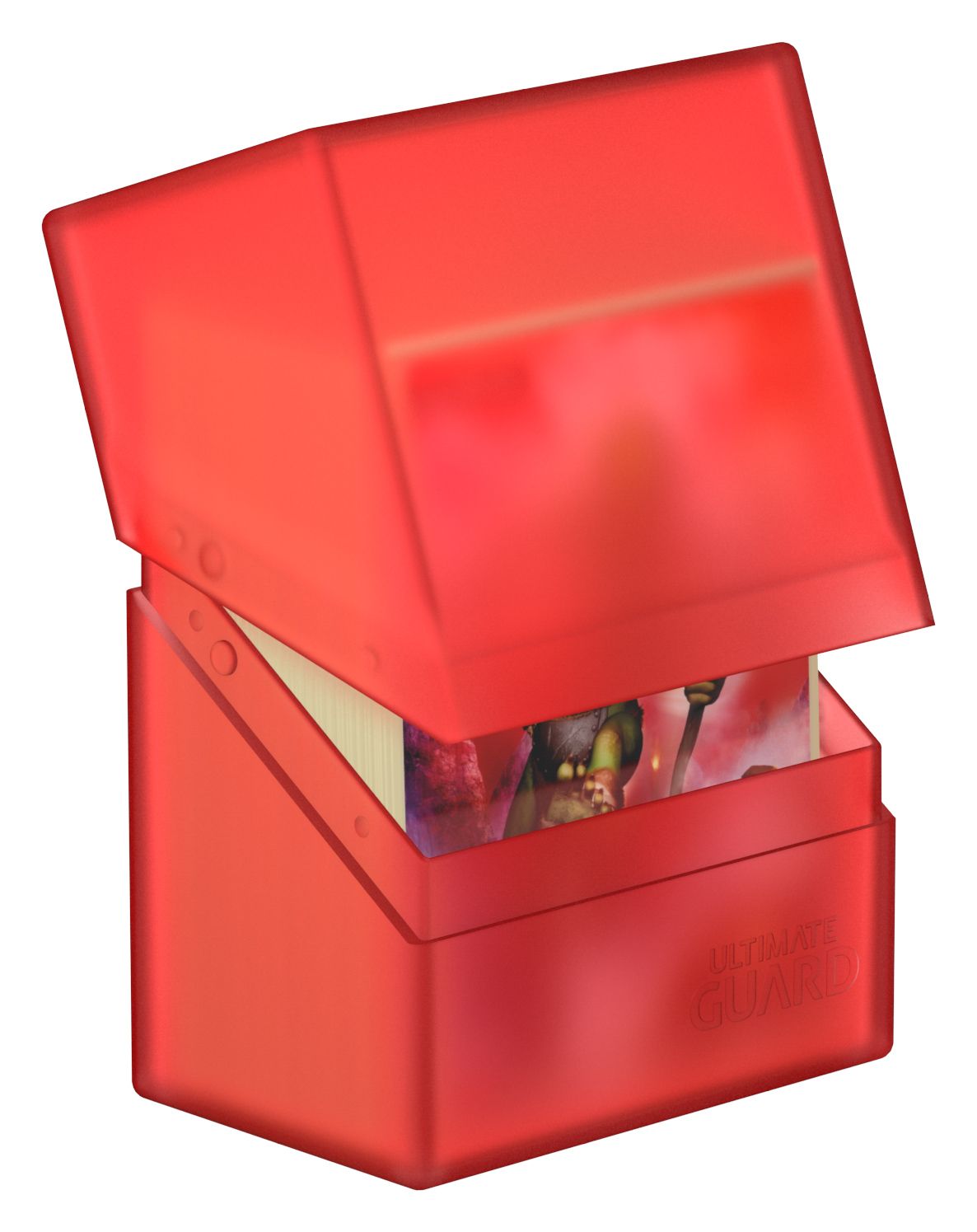 Ultimate Guard Boulder 60+ Deck Case - Ruby - Ruby red Ultimate Guard Boulder 60+ deck case with hinged top and semi-transparent middle section.