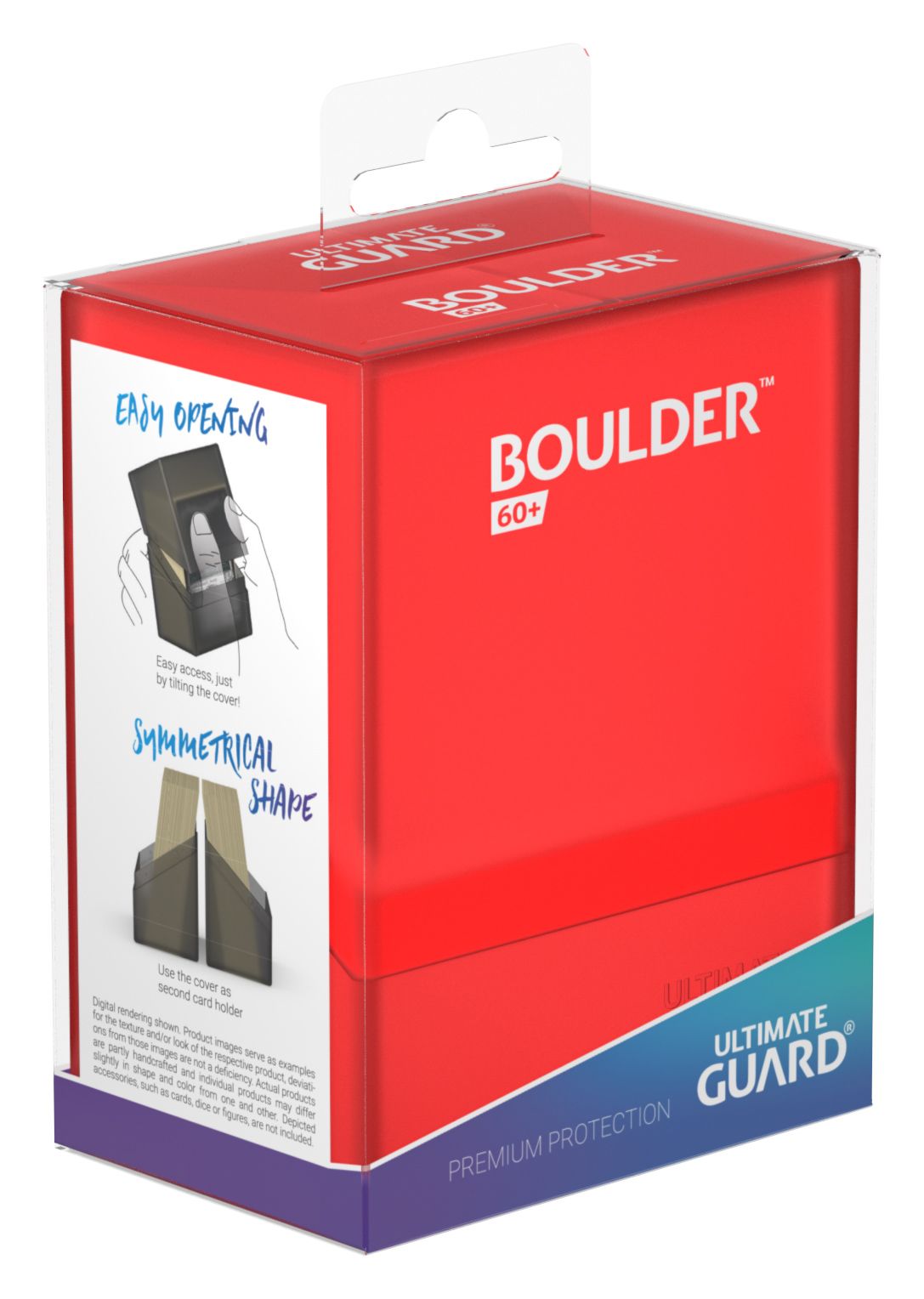 Ultimate Guard Boulder 60+ Deck Case - Ruby - Red Ultimate Guard Boulder 60+ Deck Case with clear plastic hook and blue-accented base.