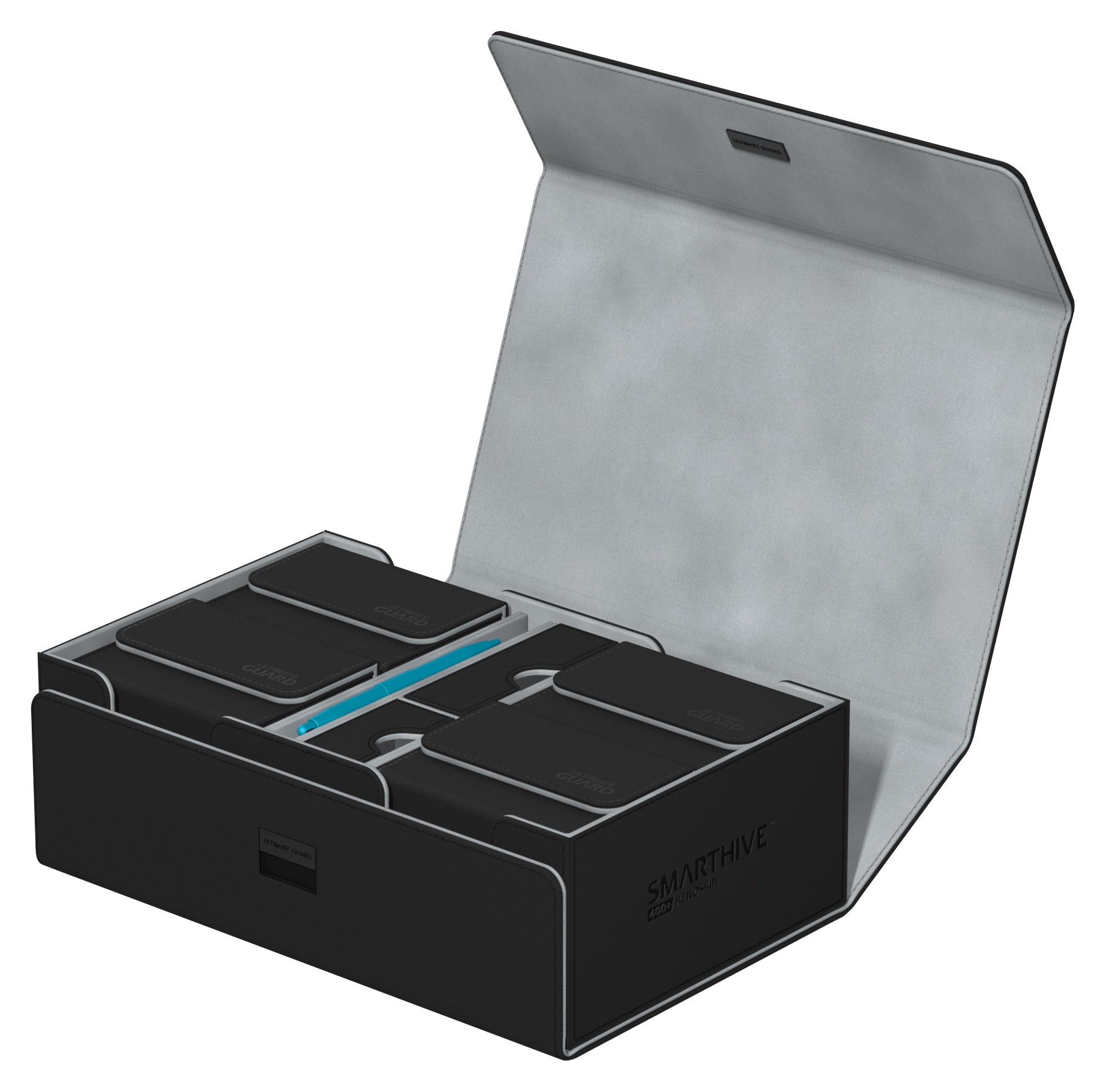 Ultimate Guard Deck Case Smarthive 400+ - Black - Black Ultimate Guard Deck Case Smarthive 400+ with open lid and organized compartments for card storage.