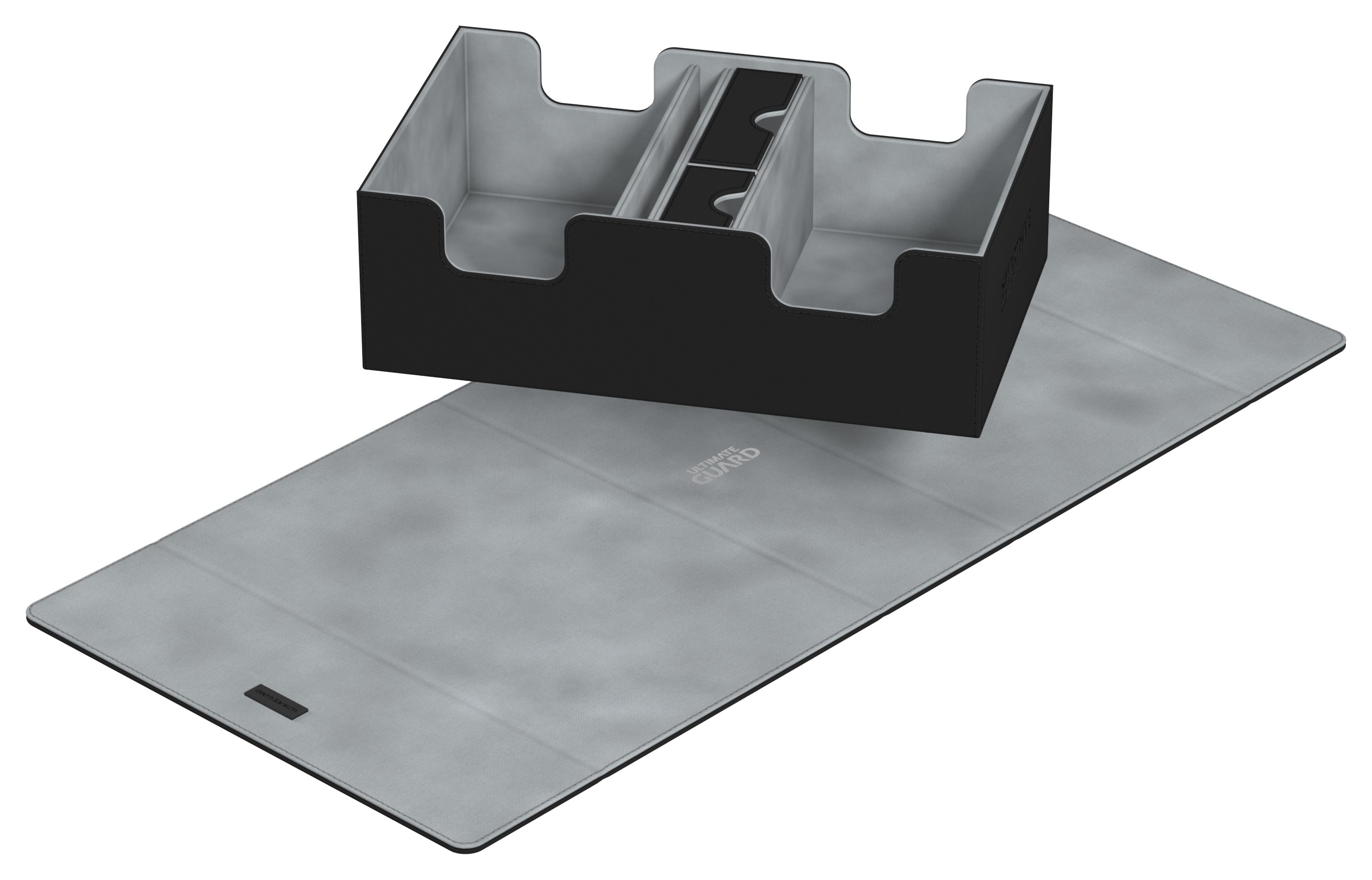 Ultimate Guard Deck Case Smarthive 400+ - Black - Black rectangular plastic deck case with divided slots, shown open on a gray textured base mat.