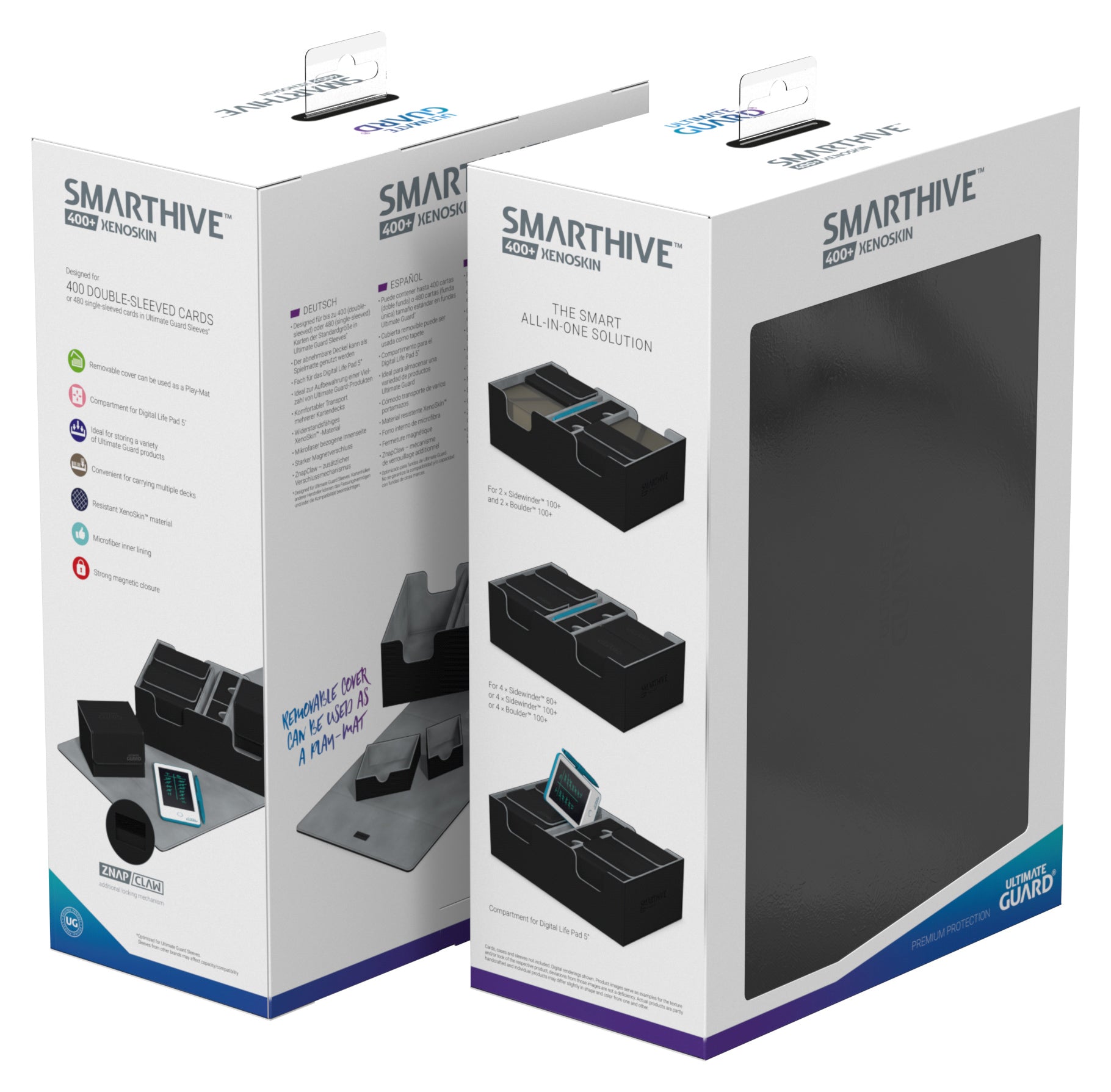 Ultimate Guard Deck Case Smarthive 400+ - Black - Black rectangular Ultimate Guard Smarthive 400+ deck case shown in packaging with white and blue box featuring product.