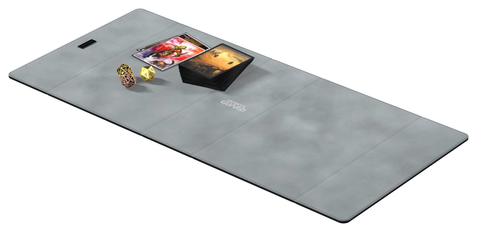 Ultimate Guard Deck Case Smarthive 400+ - Black - Black Ultimate Guard Smarthive 400+ deck case open on gray playmat with collectible cards and dice visible inside.