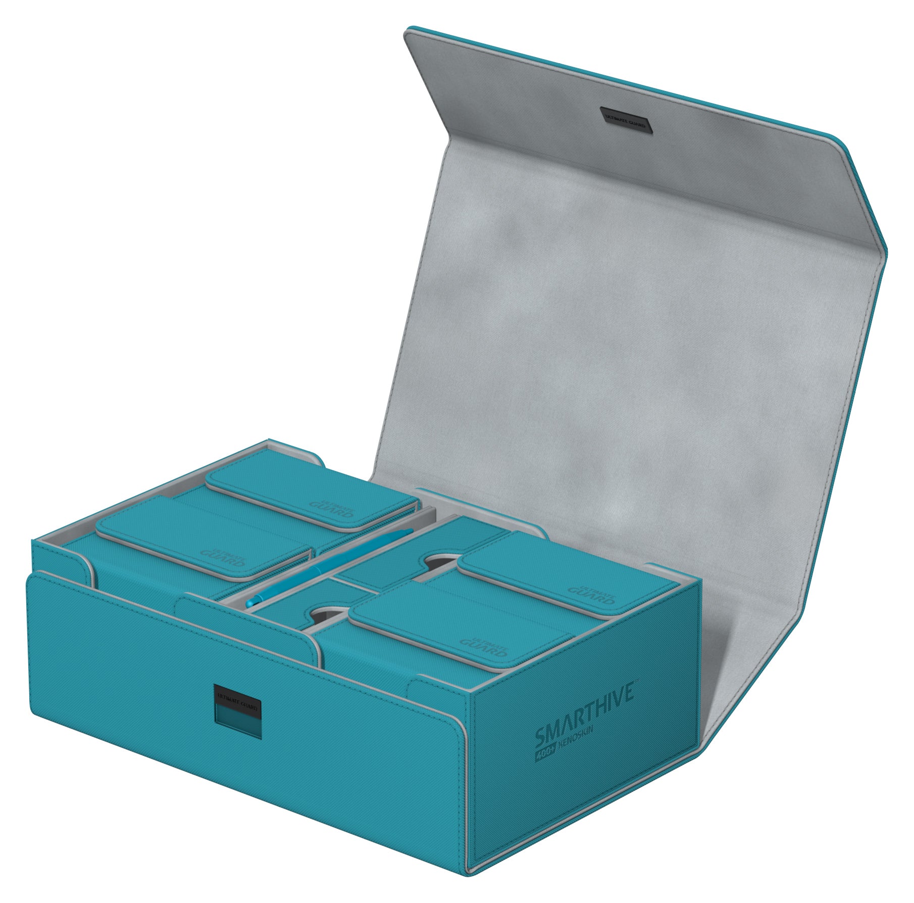 Ultimate Guard Deck Case Smarthive 400+ - Petrol - Petrol blue Ultimate Guard Deck Case Smarthive 400+ with open gray lid and multiple internal compartments.