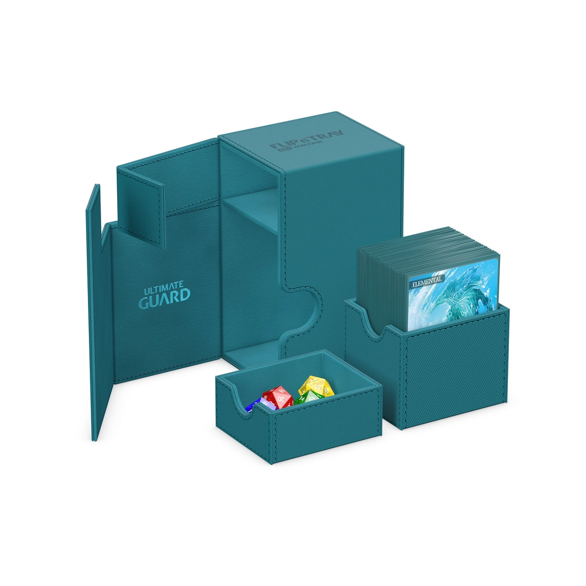 Ultimate Guard Flip 'N' Tray 80 - Petrol - Petrol blue plastic deck box with flip-out tray and compartments holding cards and dice.