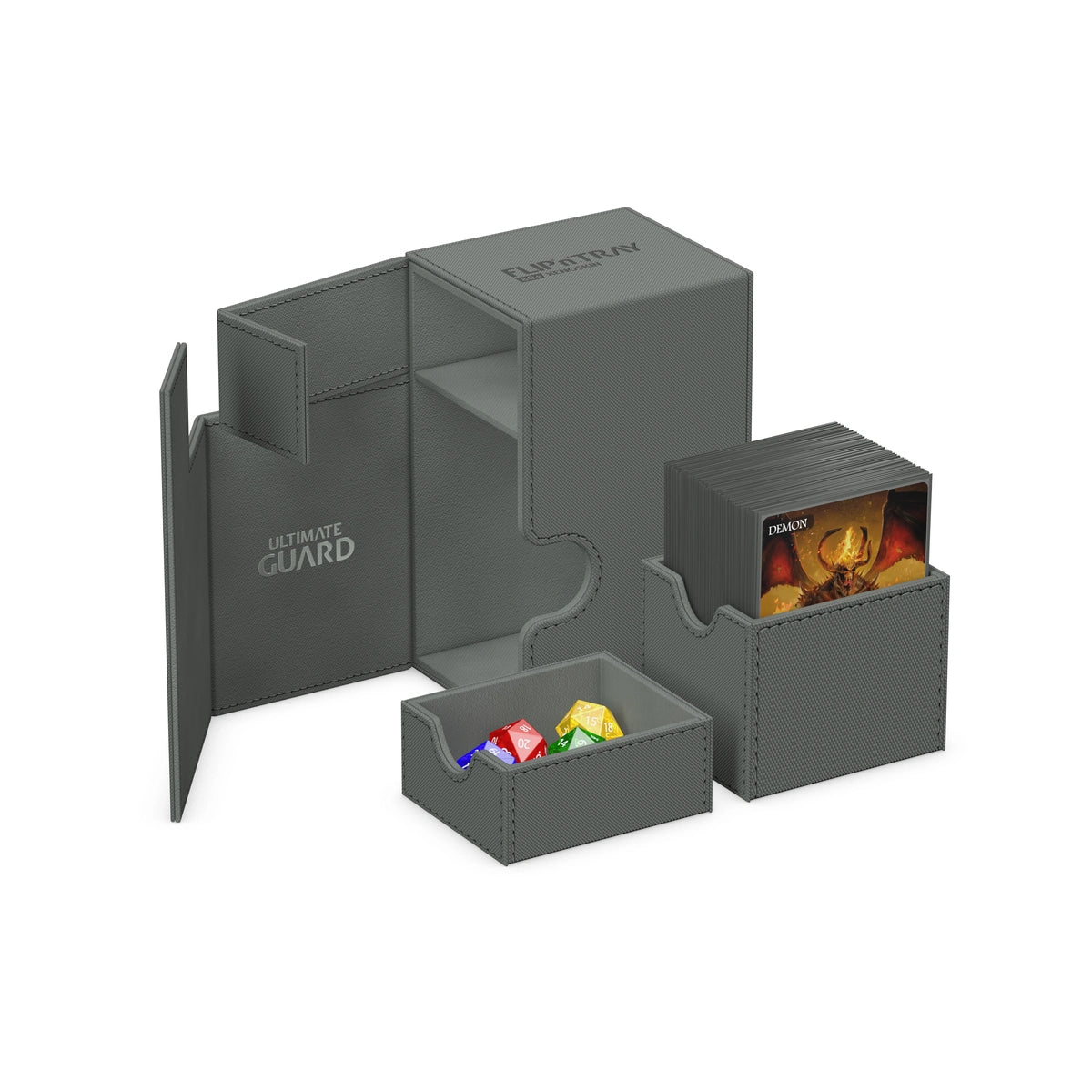 Ultimate Guard Flip 'N' Tray 80 - Grey - Grey plastic Ultimate Guard Flip 'N' Tray 80 deck box with removable card tray and dice compartment.