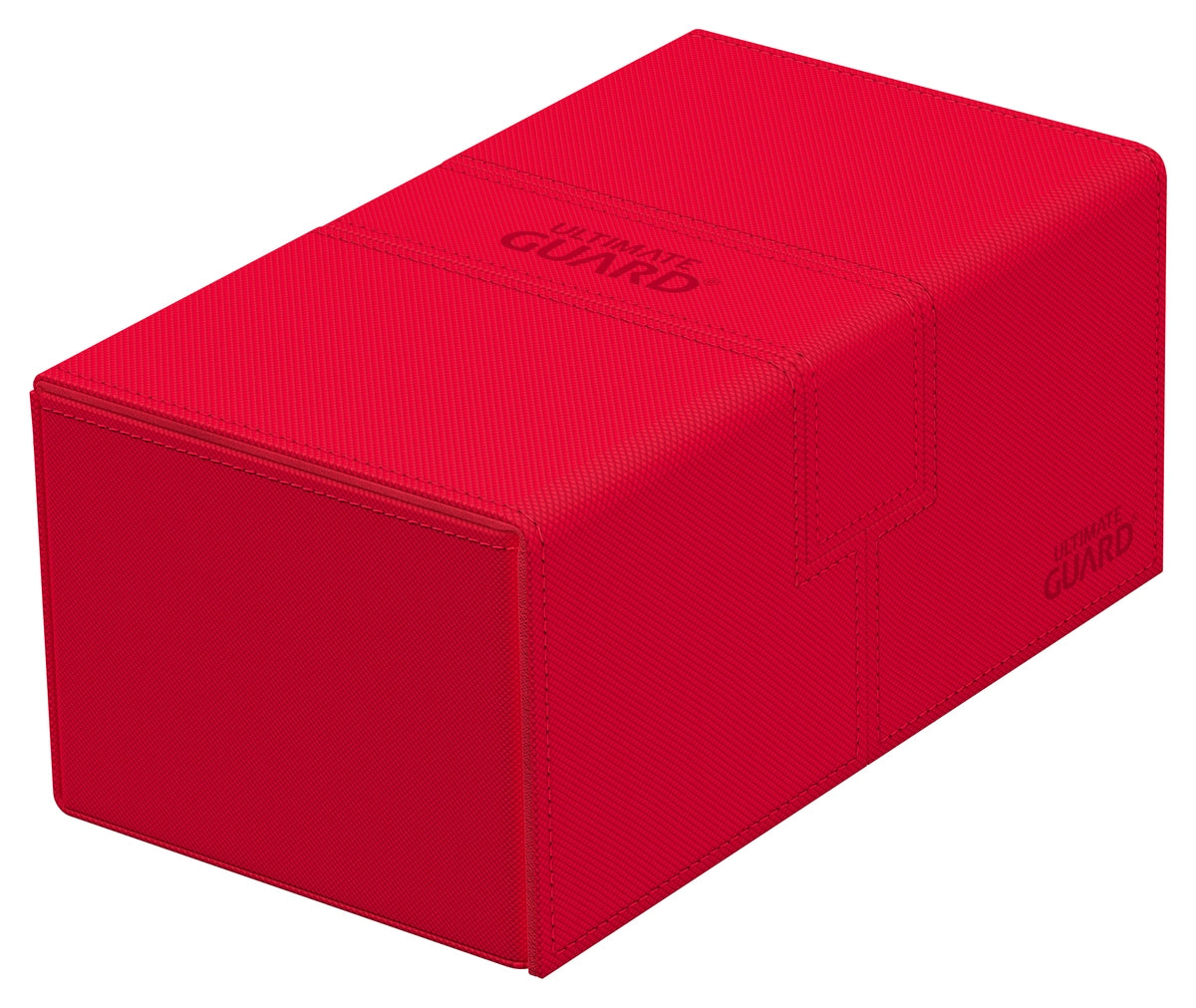 Ultimate Guard Twin Flip'n'Tray 200+ Monocolor - Red - Matte red rectangular deck box with smooth surface and embossed Ultimate Guard logo on top and side.