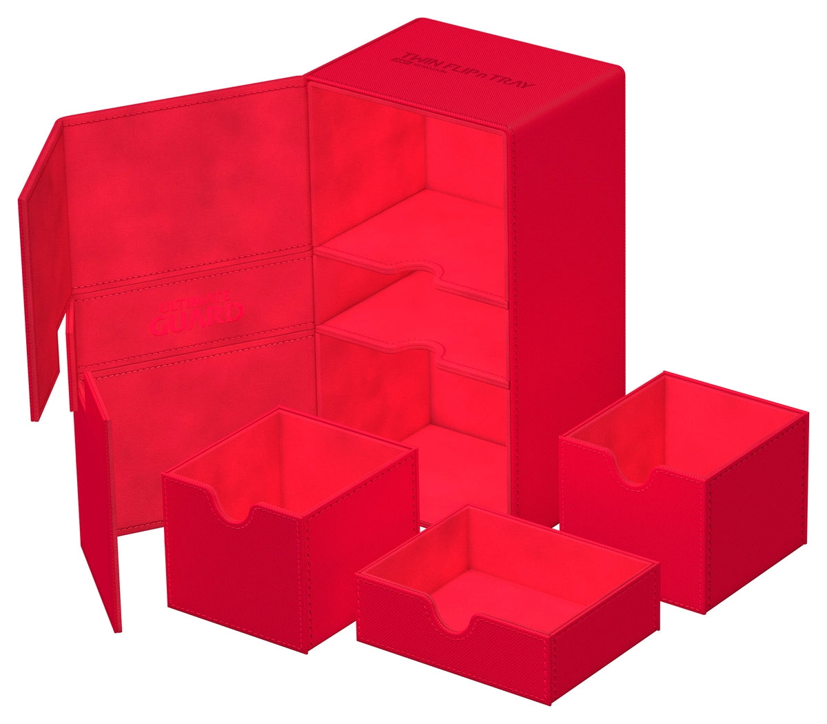 Ultimate Guard Twin Flip'n'Tray 200+ Monocolor - Red - Bright red plastic storage case with multiple compartments and removable trays for organizing cards.