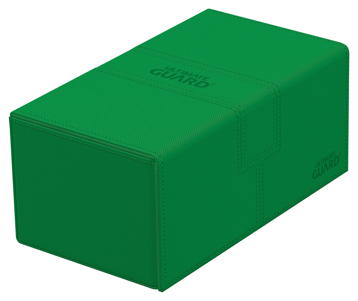 Ultimate Guard Twin Flip'n'Tray 200+ Monocolor - Green - Matte green rectangular card deck box with hinged lid and embossed Ultimate Guard logo.